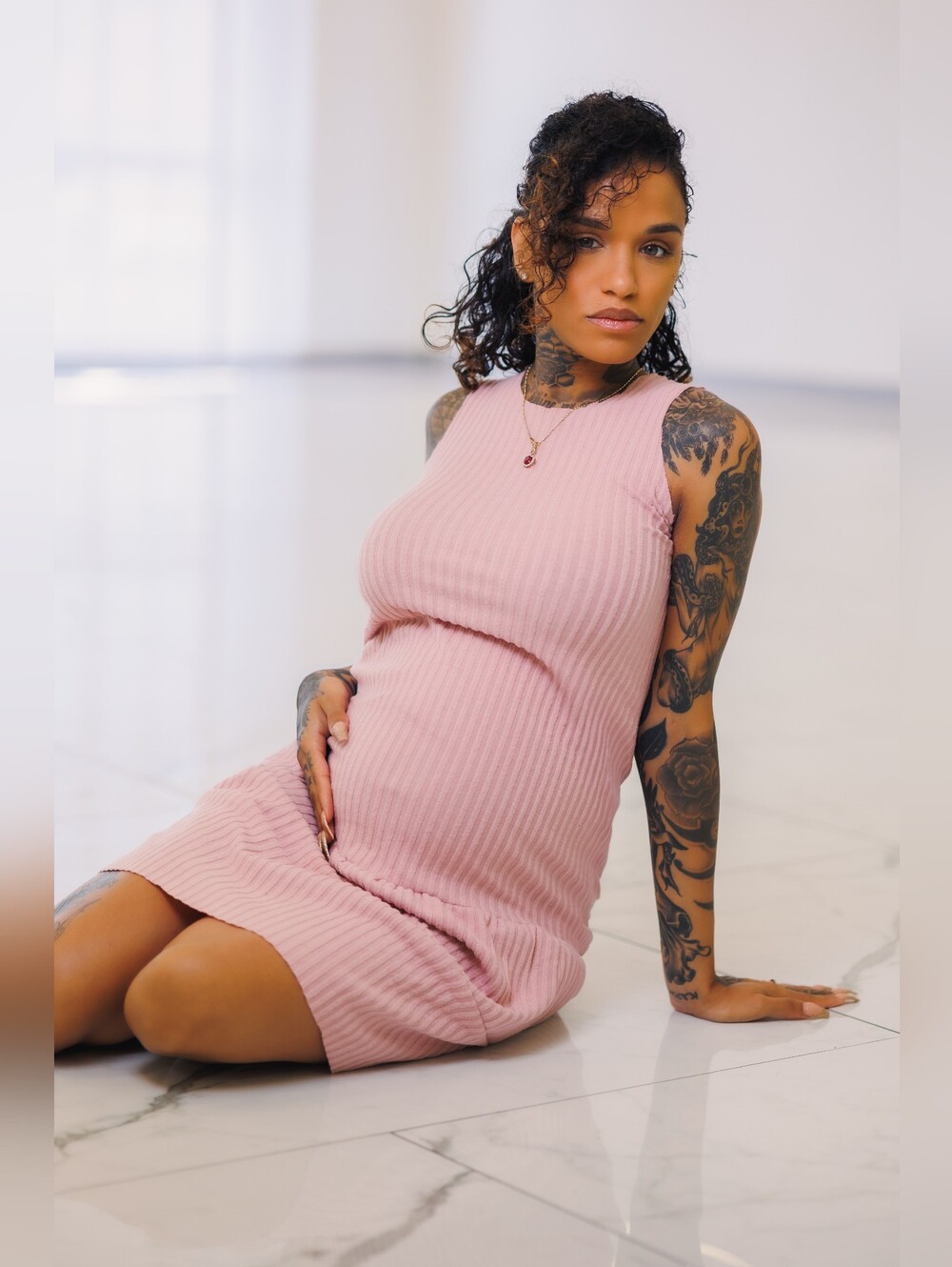 Ribbed Pink Maternity Tank Dress - Picture 2 of 2
